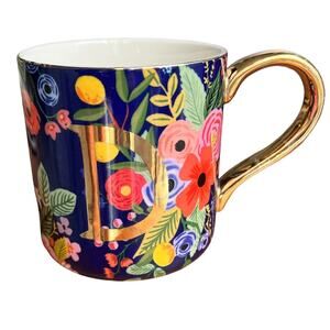 Anthropologie Floral Coffee Mug Cup Gold Initial 'D' Monogram Flower Colorful